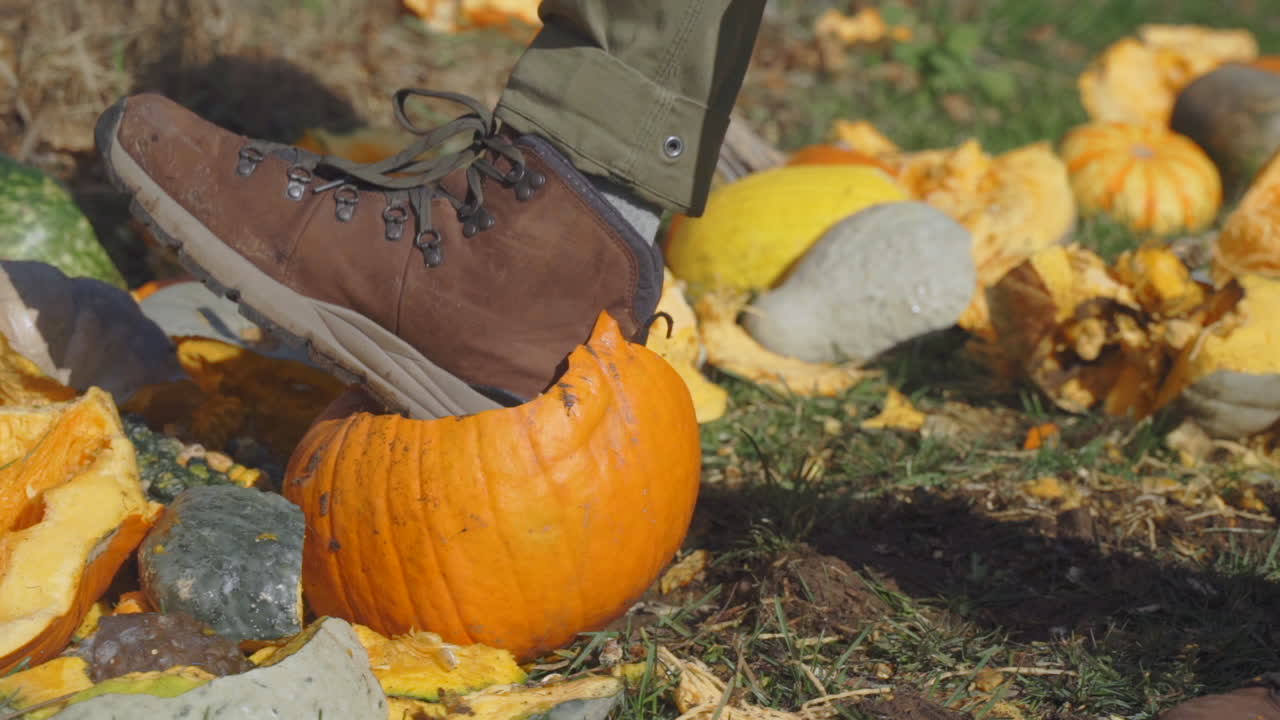 cierre en cámara lenta del hombre pisando con su bota calabazas y calabazas podridas después de halloween rompiendo semillas y pedazos de calabaza naranja en el aire