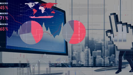 animation of financial data and digital hand over computer screen with graphs in office