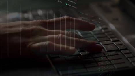 animación de estadística, procesamiento de datos del mercado de valores en primer plano de las manos escribiendo en el teclado