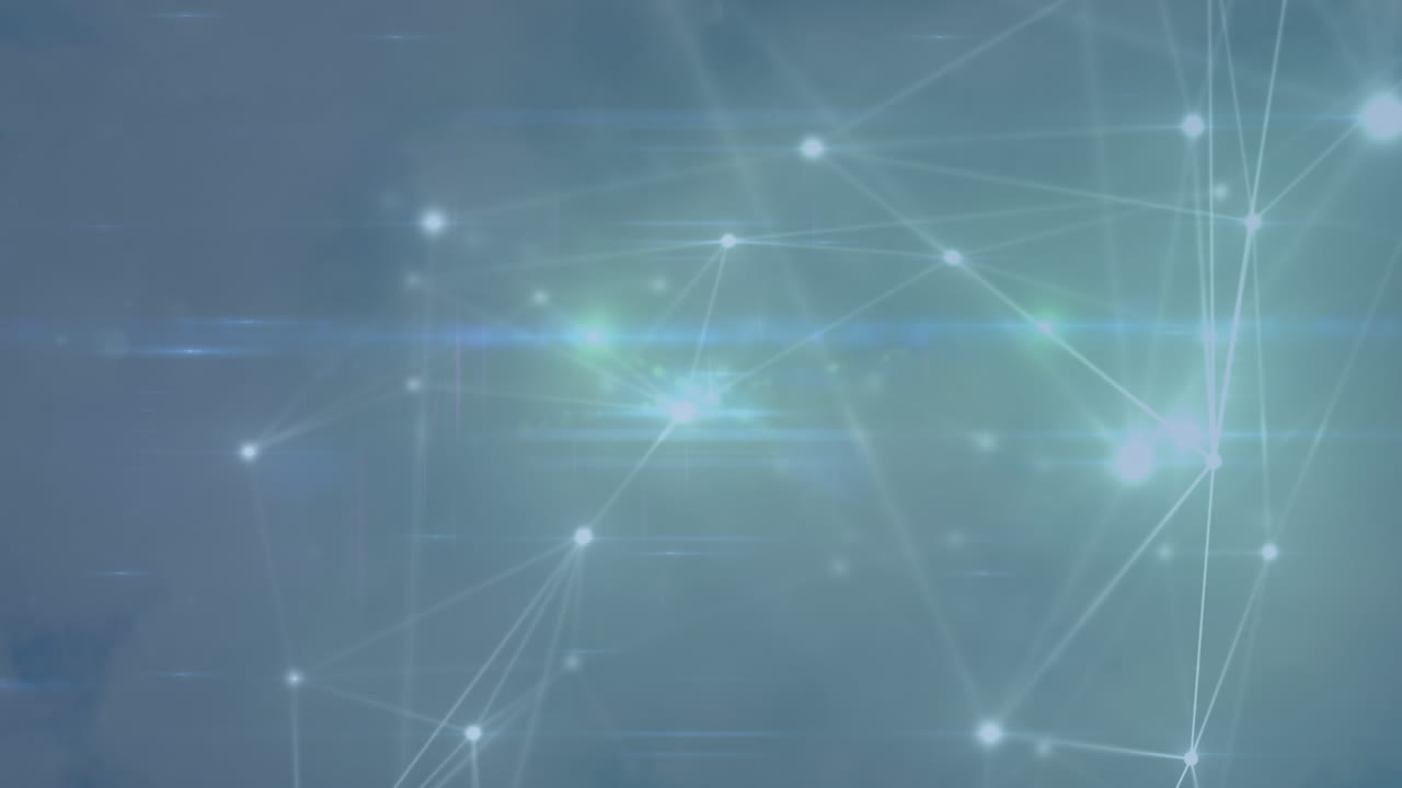 Animation of glowing network of connections and spot of light over clouds in the sky