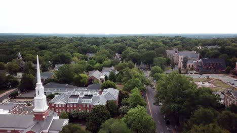 Aerial-flyover-of-Franklin-Street-over-Chapel-Hill-North-Carolina