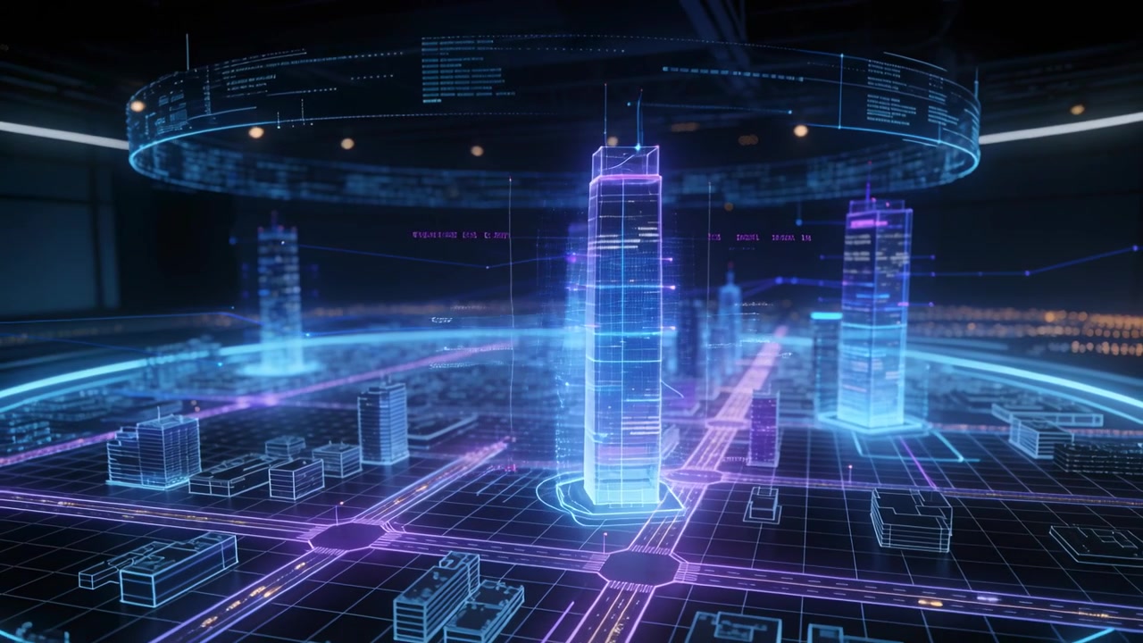 Animating 3D city model in command hub, projection orbit showing skyscraper and data ring