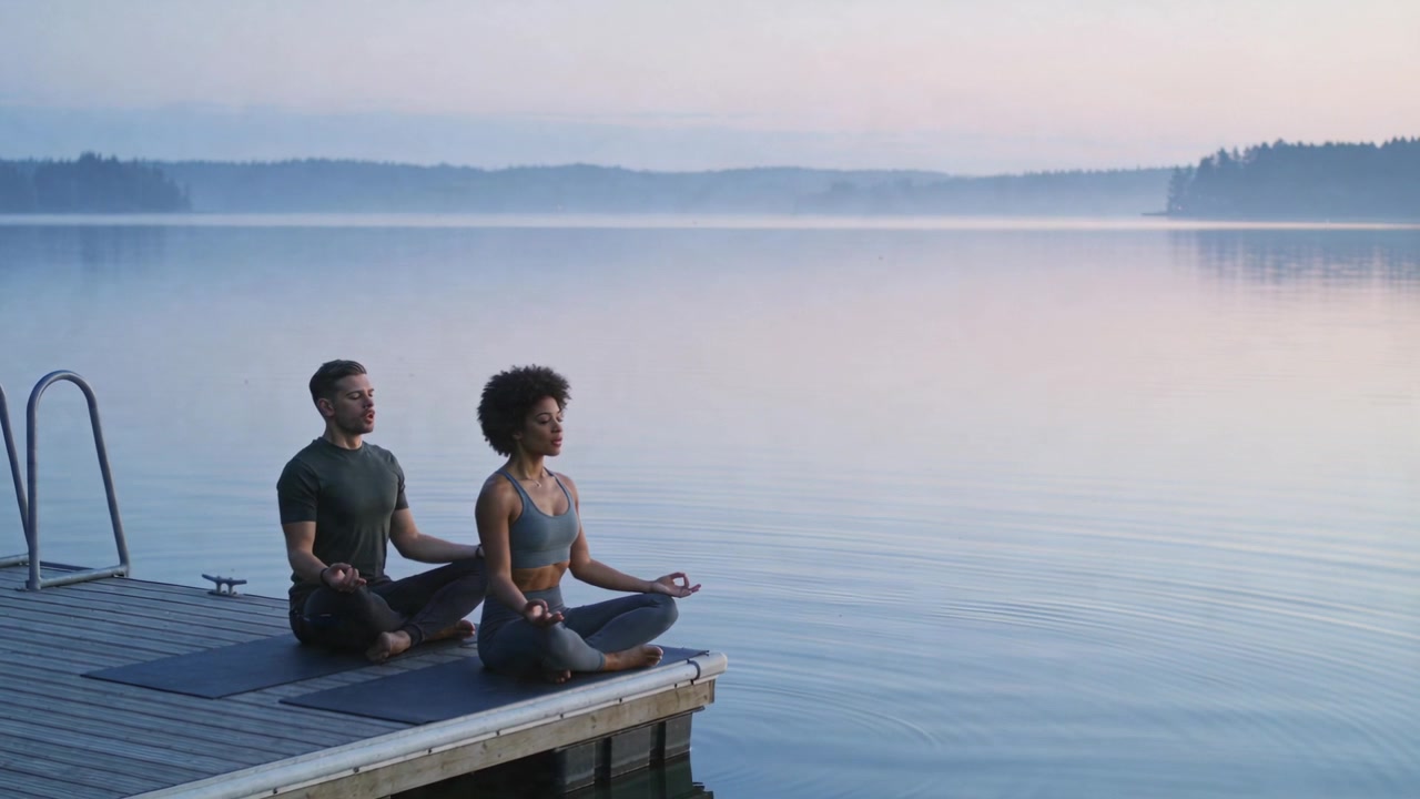 Couple méditant assis sur un ponton à l'aube, en tenue de sport sur des tapis de yoga, pour le bien-être, avec espace de copie.