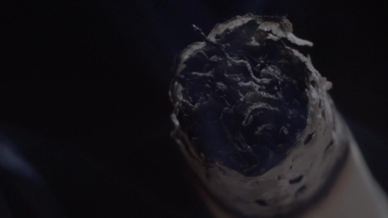 Macro closeup of lit cigar tip with burning tobacco and white ash. Charred surface reveals cracked texture, glowing ember and smoldering combustion against dark background