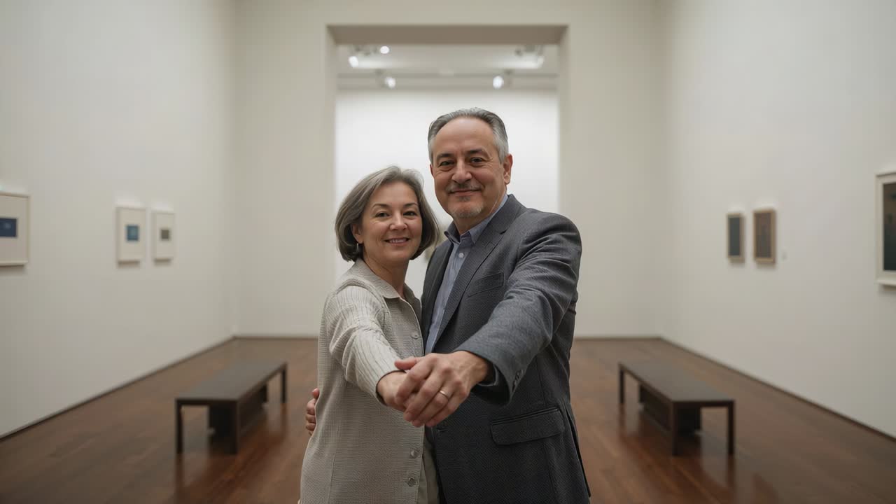 Extending hands with camera approaching in museum, couple then posing for camera in suit jacket