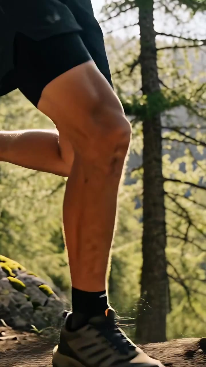 Video verticale: Corridore che balza, avvicinandosi a un tronco sul sentiero, atterrando su una roccia muschiosa in pantaloncini e proseguendo la corsa.