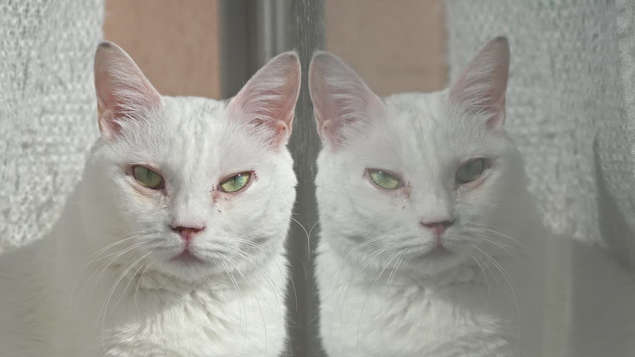 A beautiful white cat, possibly a Turkish Angora or Khao Manee, is reflected in a window, creating a serene indoor scene.