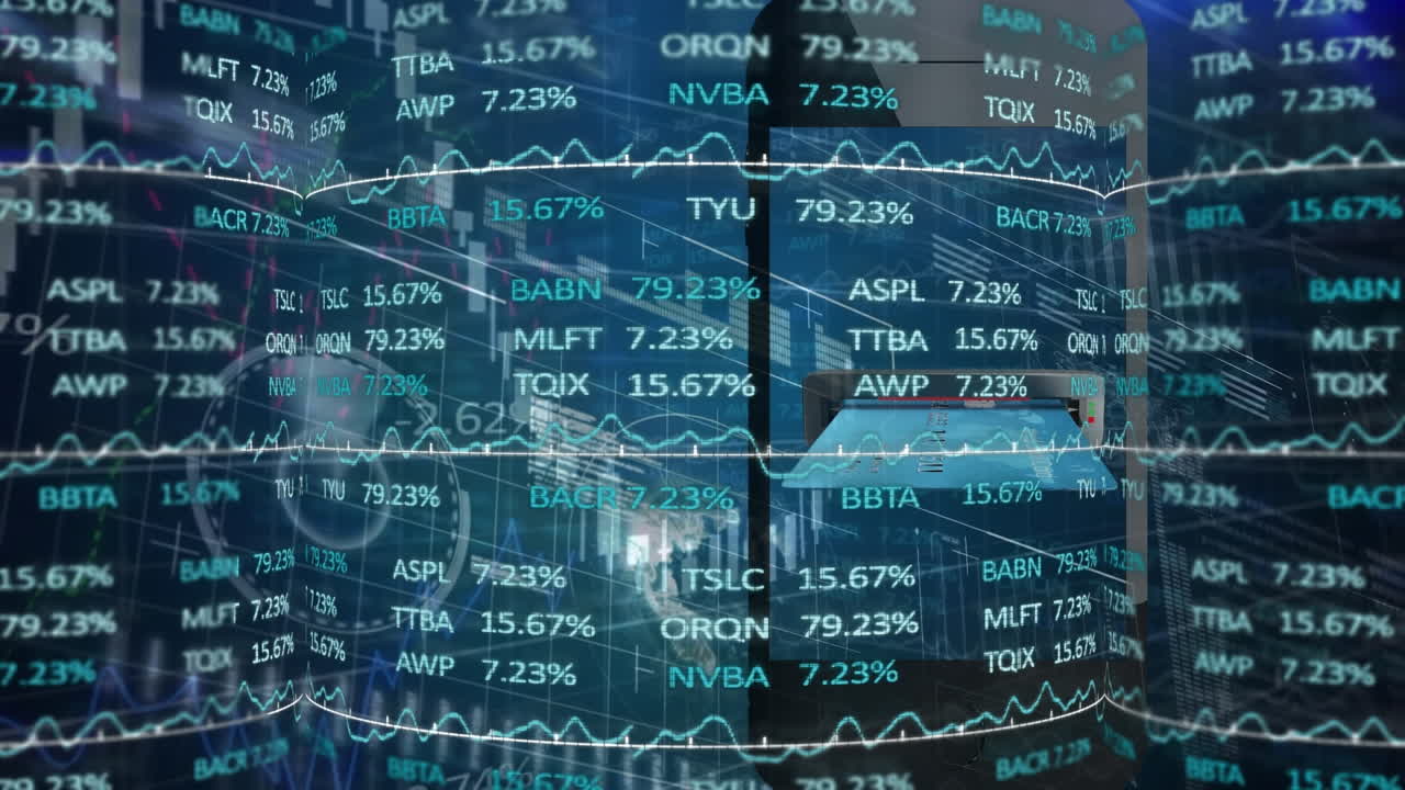 Animation of stock market data processing over digital interface against blue background