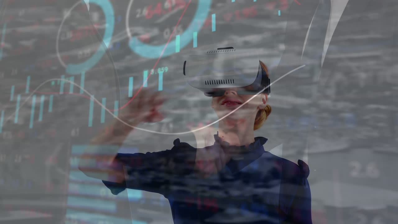animación de gráficos y datos financieros sobre mujer caucásica en auriculares vr