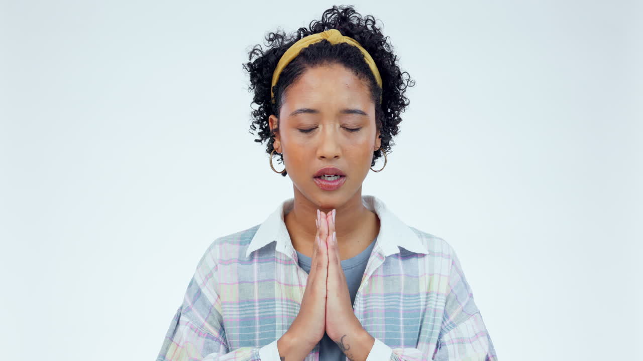 Praying, hands and woman in studio for worship