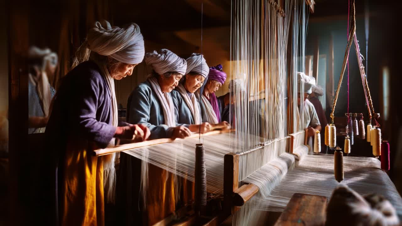 En gruppe kunsthåndværkere arbejder sammen om traditionelle væveteknikker og skaber dygtigt smukke mønstre og stoffer ved hjælp af væve, der viser kulturelt håndværk og samhørighed.