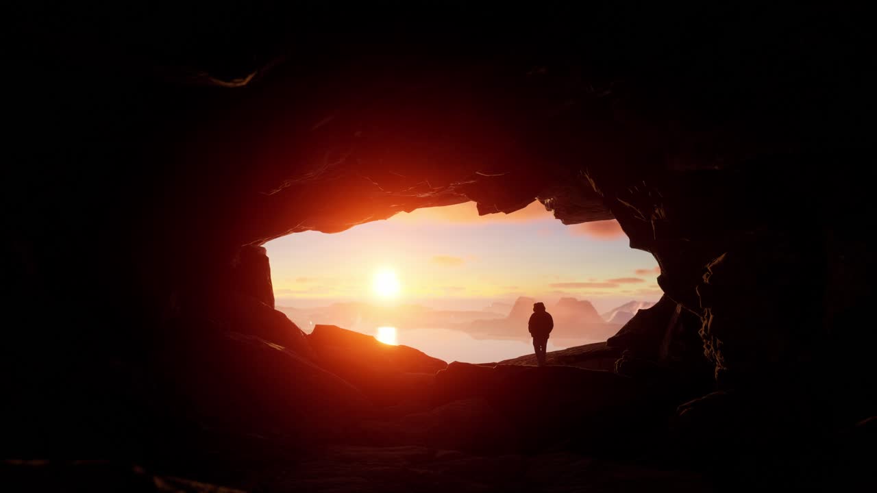 배경에 바위 산이있는 동굴에 서있는 모험적인 남자 하이커. 모험 복합. 3d 렌더링 피크. 풍경의 공중 이미지. 해가 지는 구름 하늘.