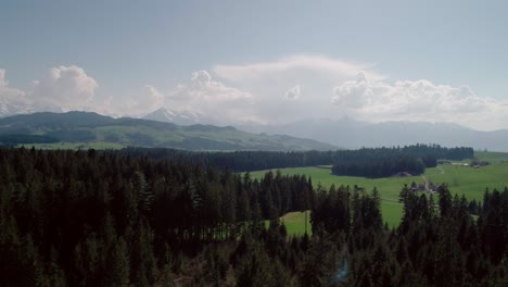 Aerial-of-Lakes,-Forests-and-Mountains-in-rural-Switzerland