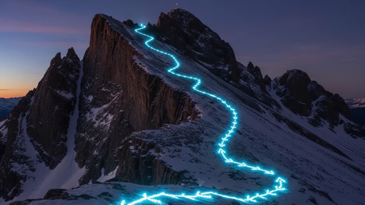 Sentiero Illuminato che si Snoda su una Montagna Maestosa al Tramonto: Una Spettacolare Visione della Bellezza Naturale e dell'Avventura