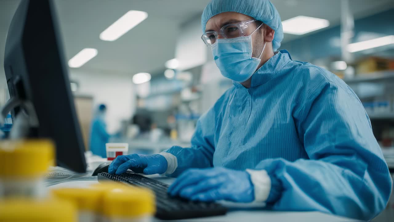 Científico médico escribiendo en un teclado de computadora mientras trabaja en investigación innovadora en un laboratorio moderno