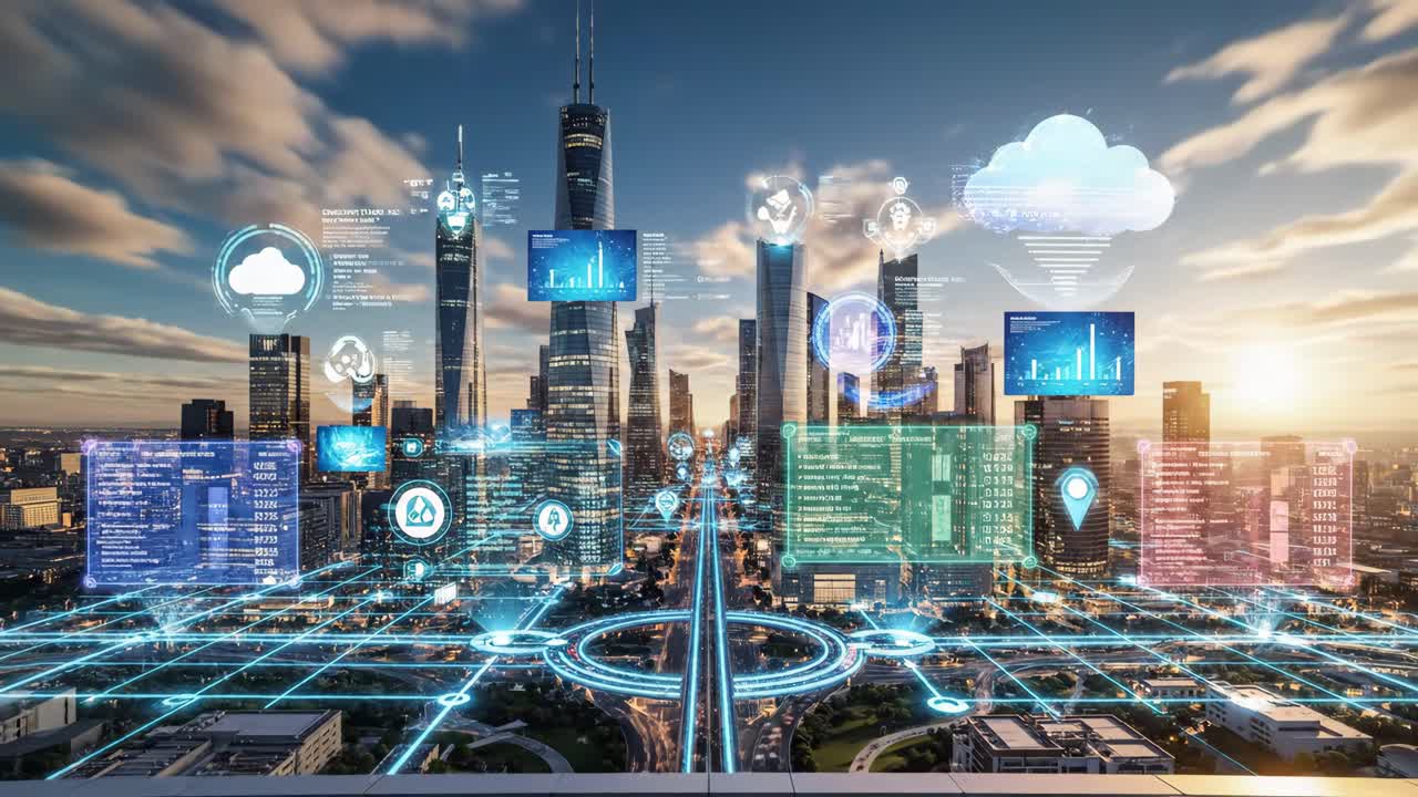 paisaje urbano futurista con superposición digital