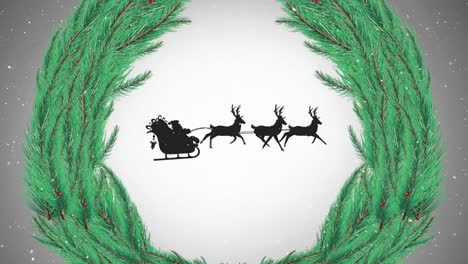 Digital-animation-of-snow-falling-over-christmas-wreath-against-black-silhouette-of-santa-claus