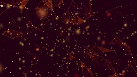 Animation-of-purple-shapes-over-yellow-dots-and-connections-moving-over-brown-background