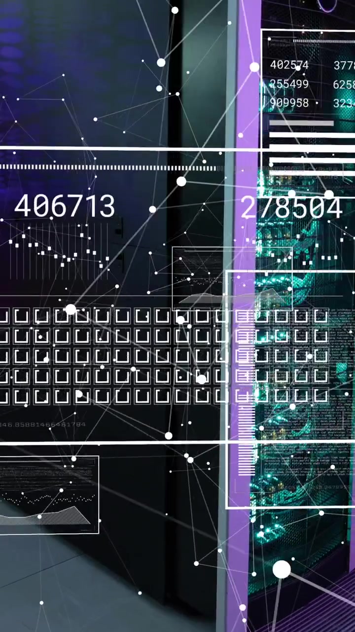 Animation of interface with data processing and network of connections against computer server room