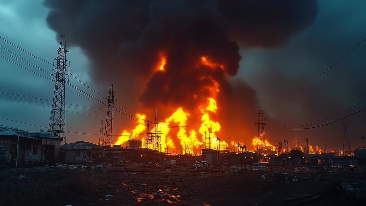 Fire consumes industrial site at dusk. An intense fire blazes in an industrial area, with dark smoke billowing into the sky during dusk.