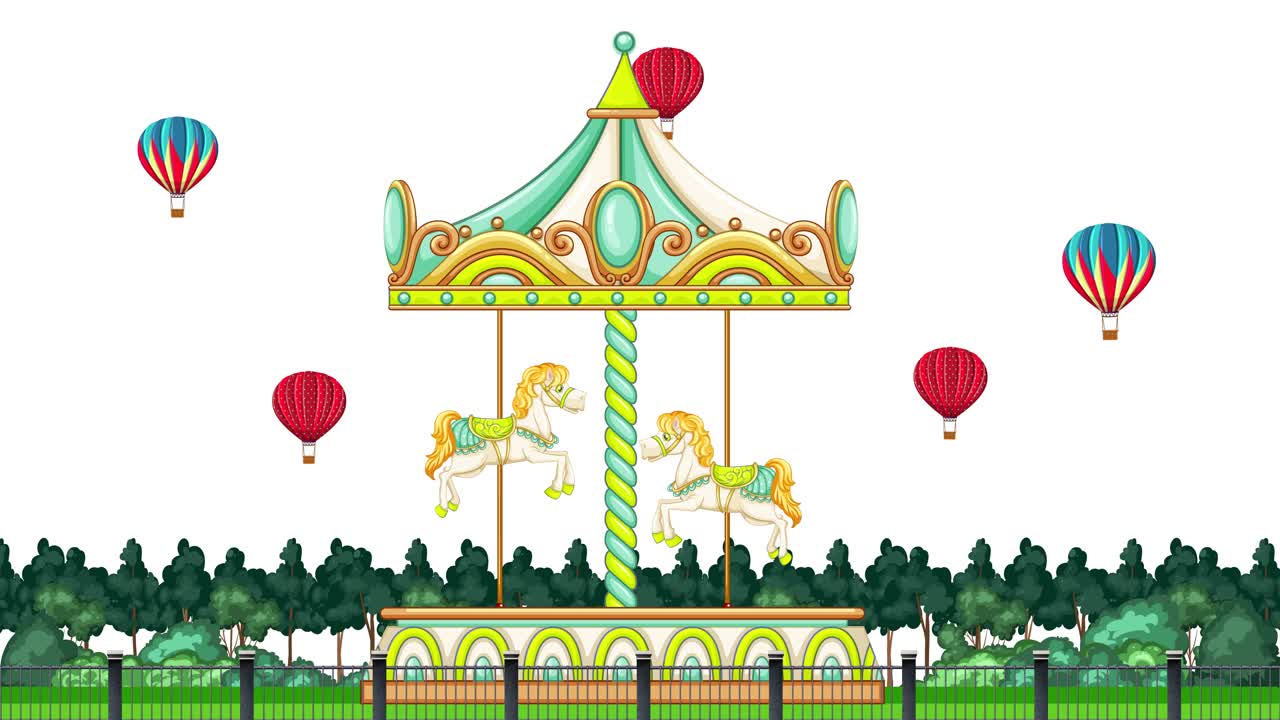 A colorful vintage carousel rotates against a white background with trees and hot air balloons