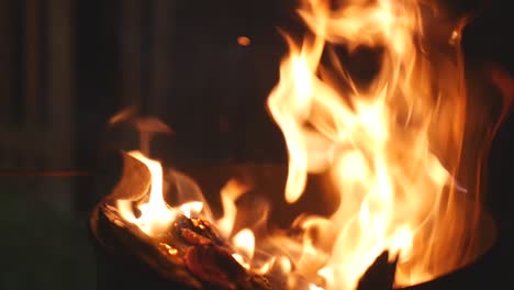 close-up slow motion roasting marshmallows on a roaring fire