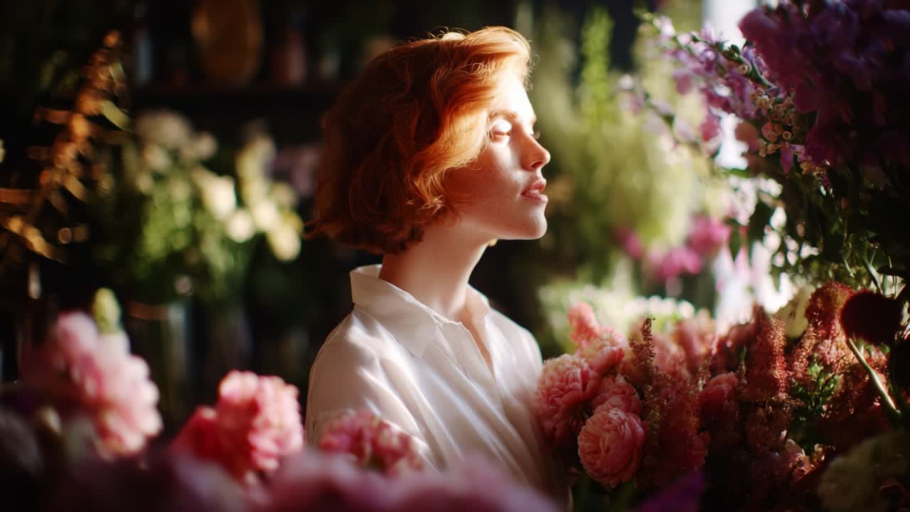 A serene moment captured as a woman with vibrant red hair stands surrounded by a stunning array of colorful flowers, evoking feelings of beauty, tranquility, and nature's abundance