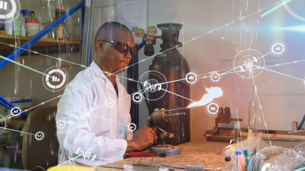 Animation of network of connections over african american male lab worker