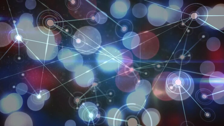 Initial pulse starting core node emitting lines and adding nodes, network growing and showing data