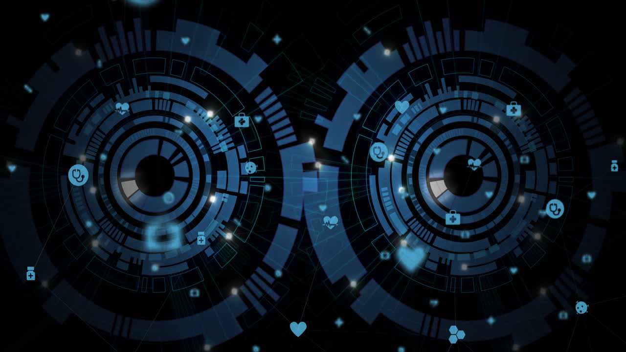 Futuristic digital interface with circular patterns and technology icons animation