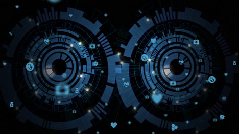 futuristic digital interface with circular patterns and technology icons animation