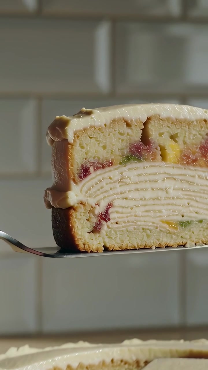 Vertical video: Hand entering, lifting spatula, turning layered cake slice in kitchen for serving