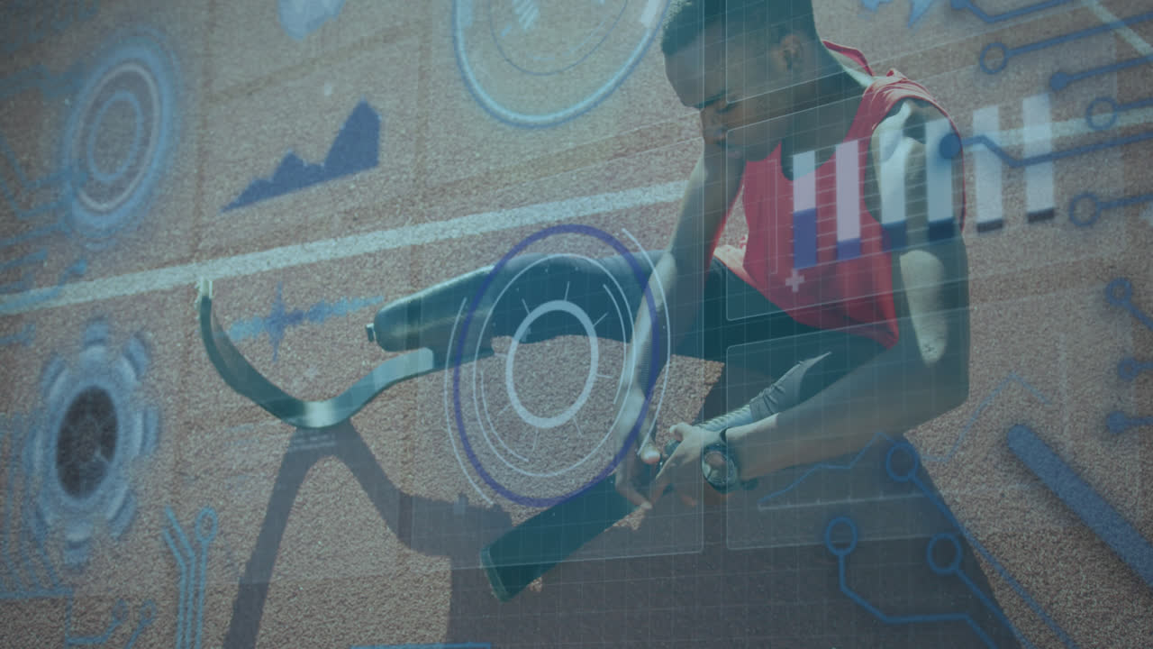 animación de procesamiento de datos con escaneo de alcance sobre hombre discapacitado afroamericano