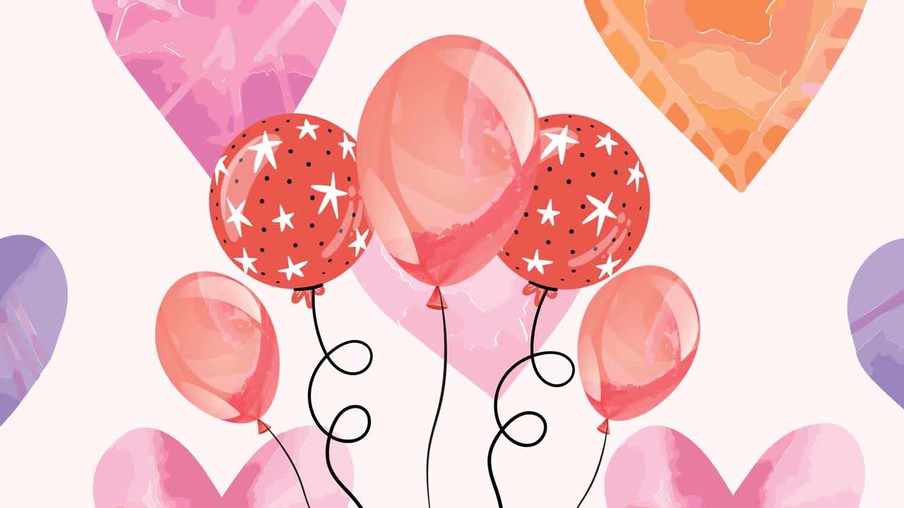 Animazione di palloncini colorati e cuori su sfondo rosa