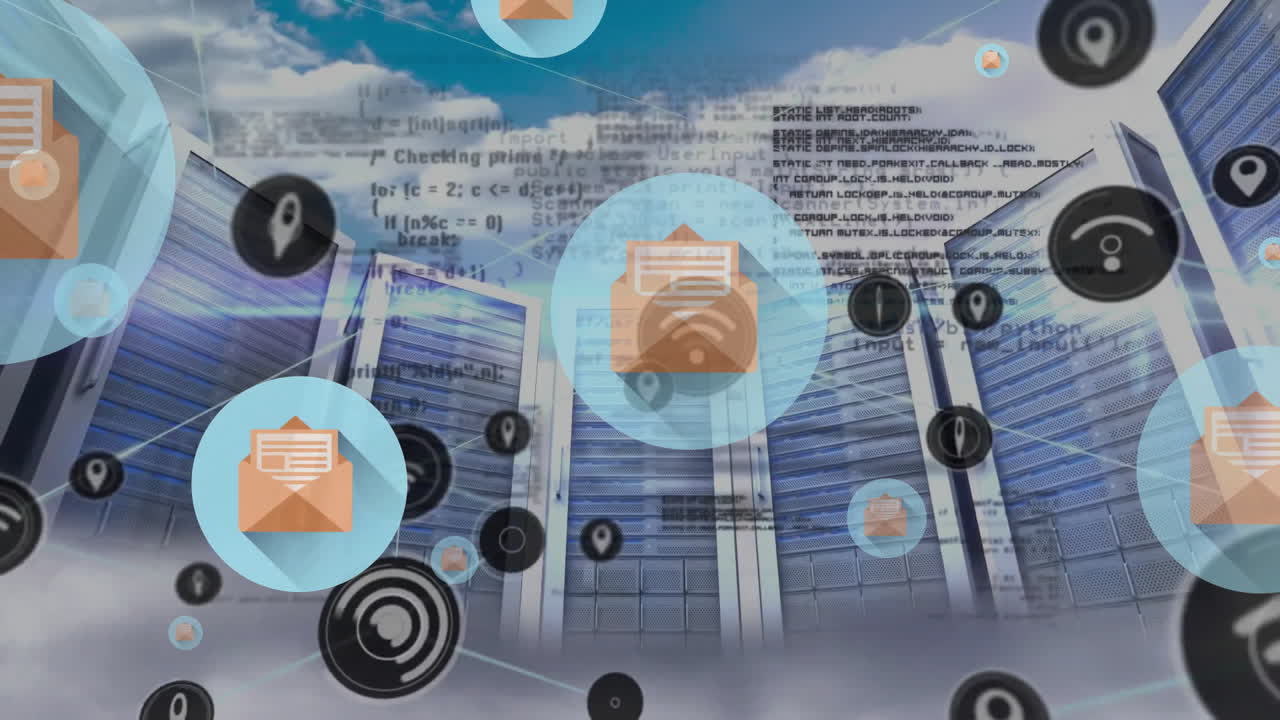 Animation of networks of communication and email icons over computer servers and blue sky