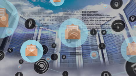 animación de redes de comunicación y iconos de correo electrónico a través de servidores de computadoras y cielo azul