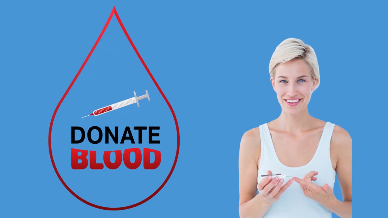 혈액 기증 텍스트, 주사기 및 드롭 로고의 애니메이션, 웃는 여성이 핀프릭 혈액 검사를 하고 있습니다.