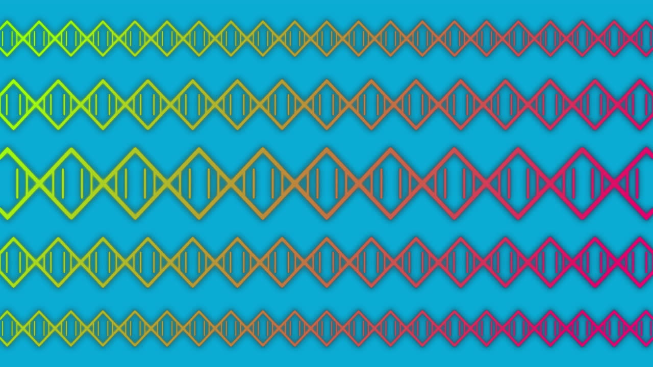 Animation of horizontal rows of colourful diamond pattern with moving lines on blue background