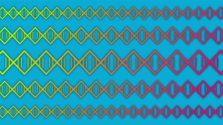 Animazione di file orizzontali di motivo a rombi colorati con linee in movimento su sfondo blu