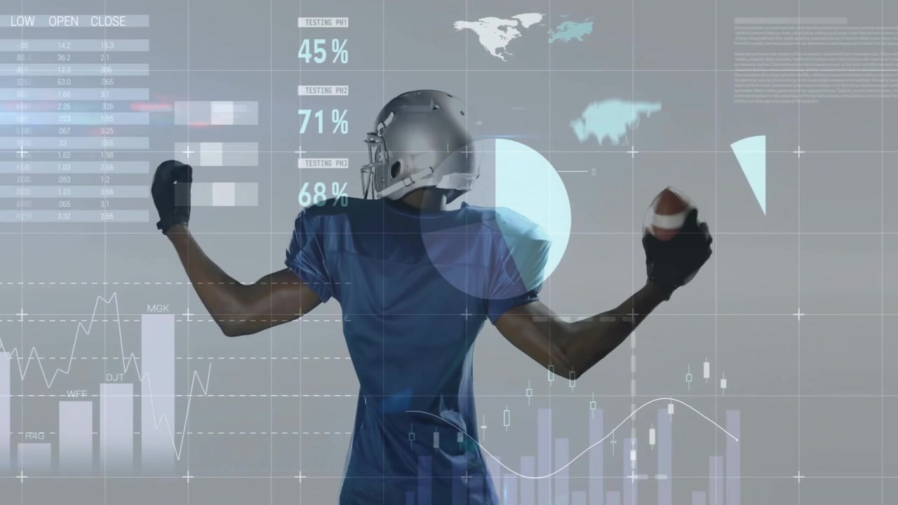 male football player holding football in studio, showcasing sports analytics map chart overlays