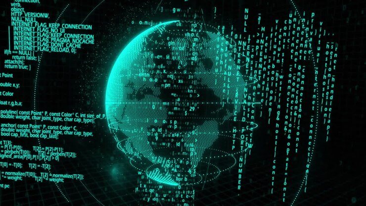 Globe with binary code and data processing animation over digital matrix background