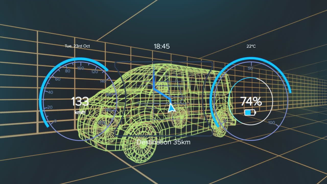 차량 인터페이스에 있는 스피도미터, gps 및 충전 상태 데이터의 애니메이션, 3d 밴 모델