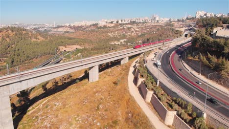 aerial view of train bridge and highway in jerusalem