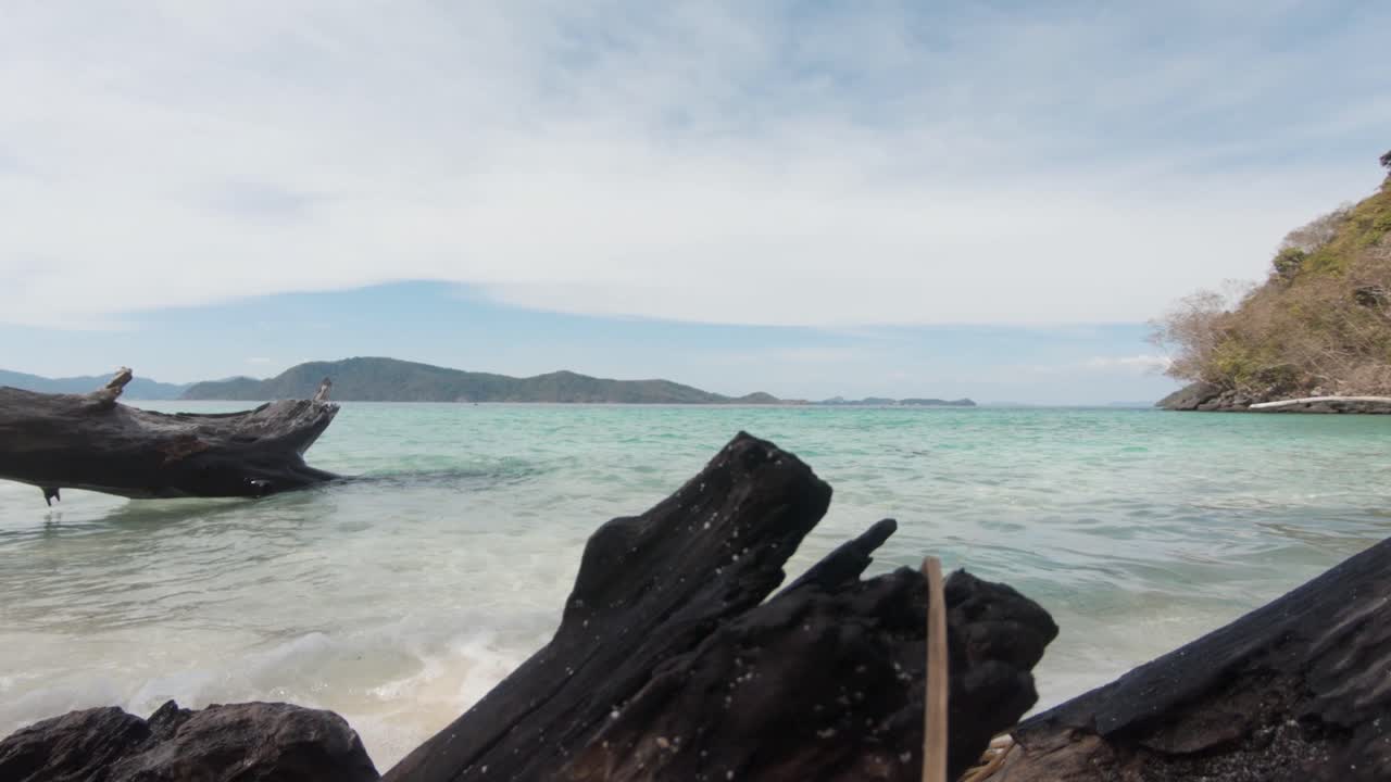 타락한 이국적인 나무의 썩어가는 그루터기가 태국 코헤이 해안으로 밀려왔습니다 - 와이드 슬로우 모션 슬라이드 짐벌 샷