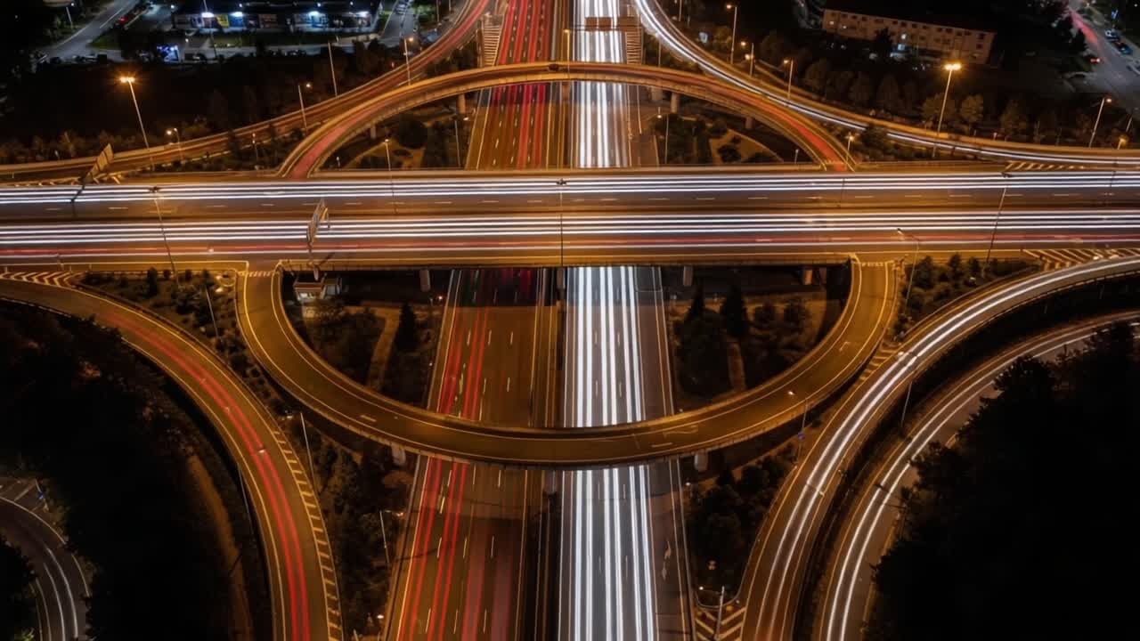 Aerial View of Dynamic Urban Highway Intersection at Night, Capturing the Flow of Traffic and Vibrant Light Trails Creating a Stunning Cityscape Image