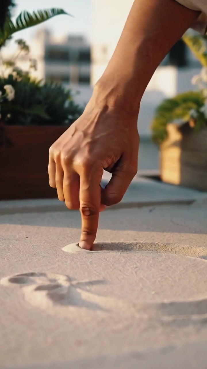 Video verticale: Dito indice che preme in una vaschetta di sabbia, mano con polsino che incide anelli creando arte su un tetto.
