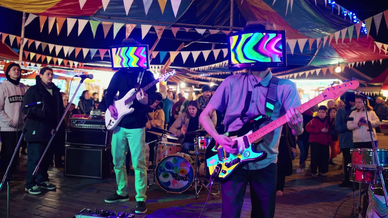 Band with TV Heads Performing at a Night Market