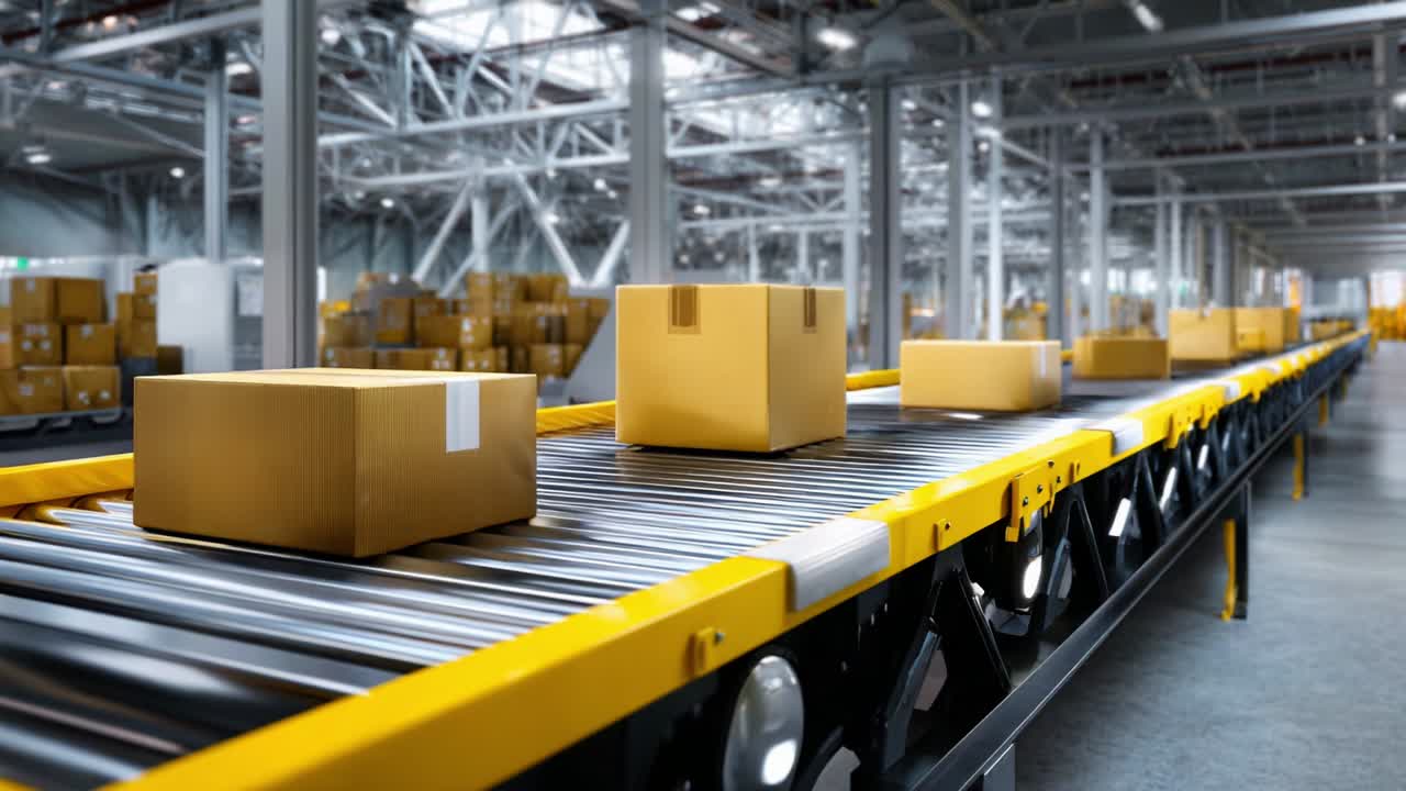 Boxes on a Conveyor Belt in a Warehouse