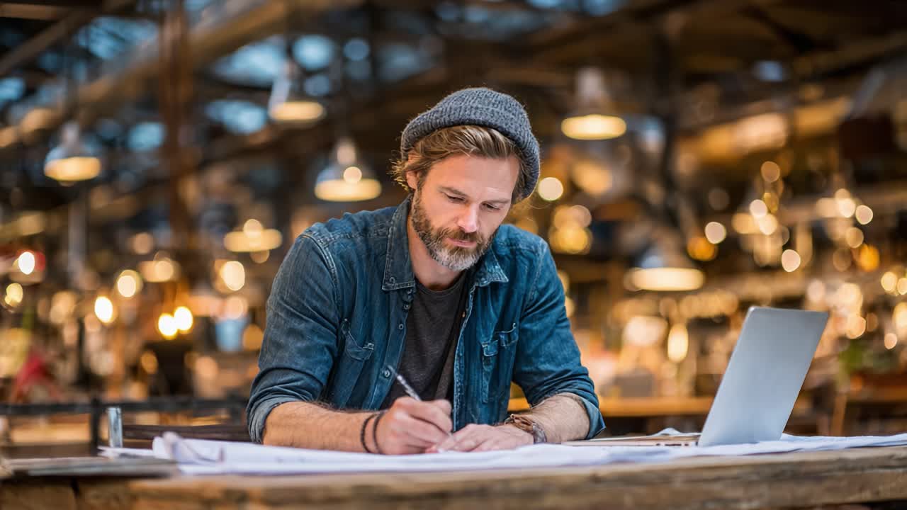 Focused Creative Professional Engaged in Design Work at a Cozy Workspace Illuminated by Warm Ambient Lighting, Portraying Concentration and Craftsmanship