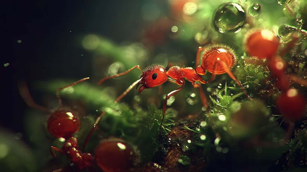 Captivating Close-Up of Red Ants Engaged in Intriguing Behavior Amidst Dewy Greenery, Highlighting Nature's Microcosm with Stunning Detail and Vibrant Colors